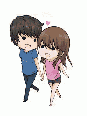 a boy and a girl are holding hands with a pink heart above them
