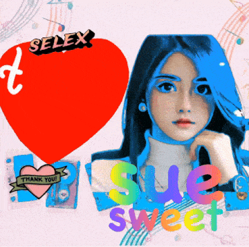 a woman with blue hair is surrounded by a red heart and the words selex and she sweet