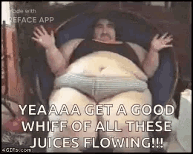a very fat man is sitting in a chair with his arms outstretched and a very large belly .