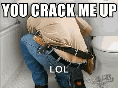 a man is kneeling down in front of a toilet with the words you crack me up lol
