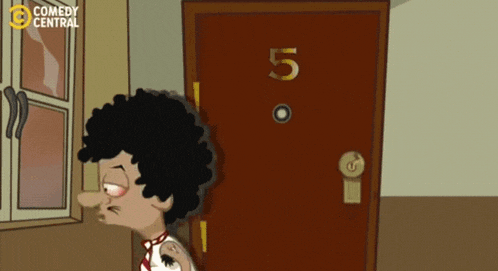 a cartoon of a man standing in front of a door with the number five on it