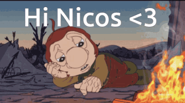 a cartoon character is laying in front of a fire with the words hi nicos < 3 above him