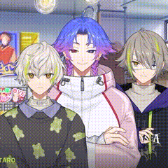 three anime characters are standing next to each other in a room and smiling .