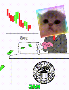 a cartoon of a man in a suit with a cat on his head and a united states federal reserve system logo