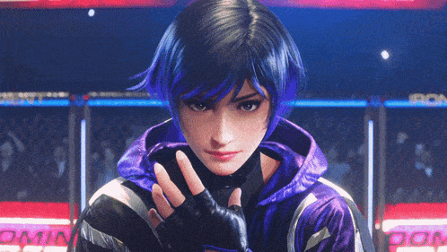 a girl with blue hair and a purple hoodie stands in front of a sign that says iron