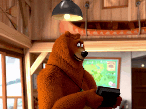 a cartoon bear is holding a book and smiling in front of a map