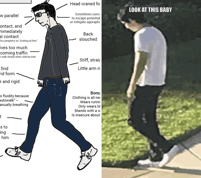 a cartoon of a man walking next to a picture of a man walking