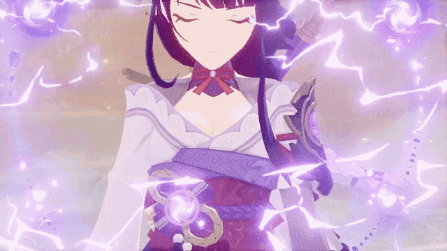 a girl with purple hair is surrounded by lightning