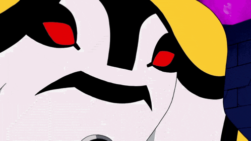a close up of a cartoon face with red eyes