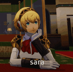 a video game character named sara is sitting at a table with her hands on her face