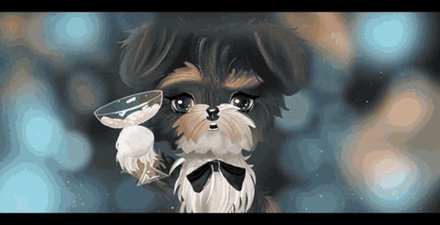 a cartoon dog holding a glass of champagne