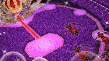 a group of people are standing in a purple circle with a crown on top .