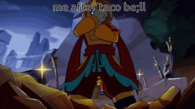 a cartoon character says me after taco be !!!