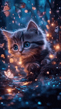 a kitten with blue eyes is sitting on a rock in the water with butterflies flying around it .