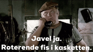 a man wearing a hat is talking on a phone with the words javel ja roterende fis i kasketten