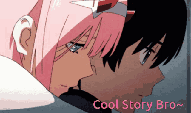 a cartoon of a girl and a boy with the words cool story bro below them