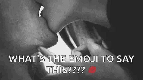 a black and white photo of a man and woman kissing with the words `` what 's the emoji to say this ? ''