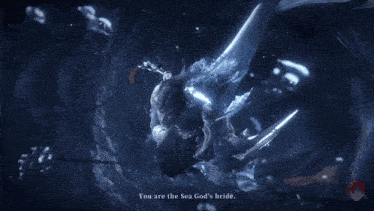 a man and a woman in a video game with the man saying you are the sea god 's bride