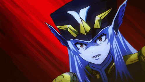 a close up of a cartoon character with blue hair and a hat