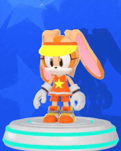 a cartoon rabbit wearing a yellow visor and orange shorts