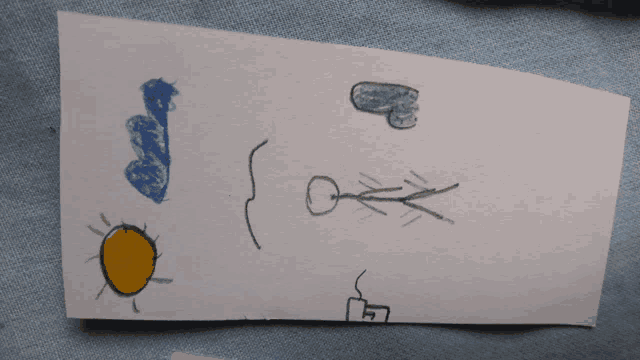 a piece of paper with drawings on it including a sun a heart and arrows