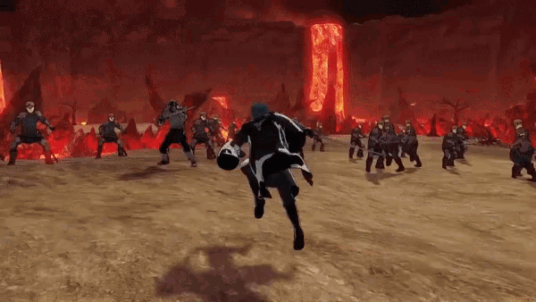 a man is holding a sword in a video game while a group of people are fighting each other .