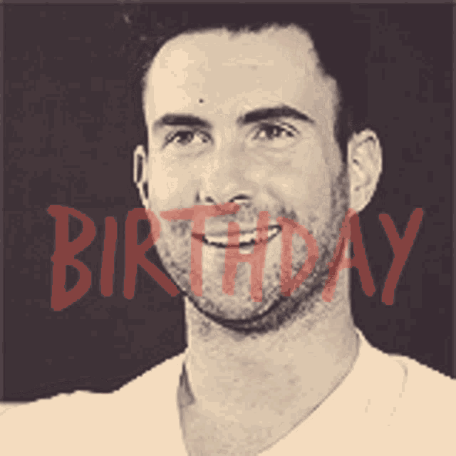 a man in a white shirt is smiling and the word birthday is behind him
