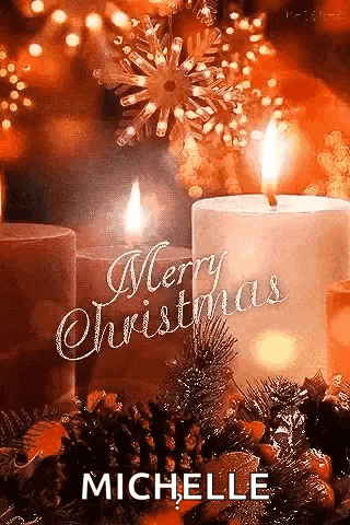 a merry christmas greeting card with two lit candles and pine cones