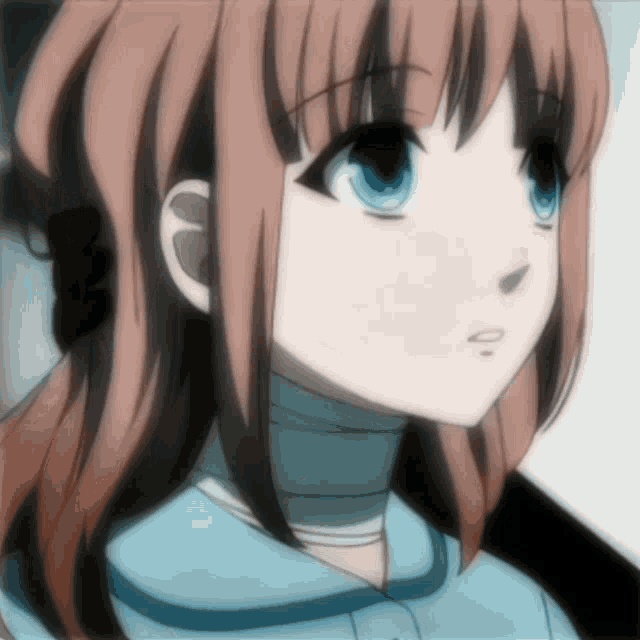 a girl with red hair and blue eyes looks down