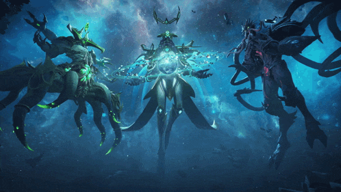 a group of monsters are standing next to each other in a dark room