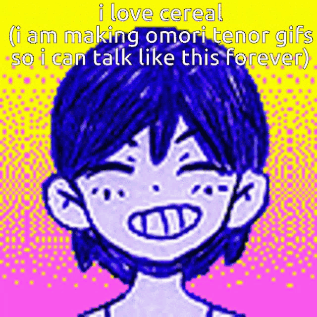 a pixel art of a boy with blue hair is smiling .