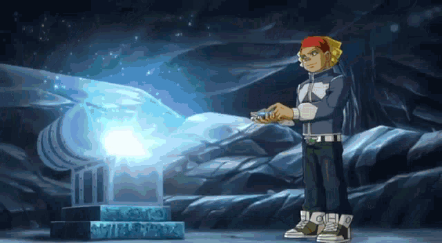 a cartoon character is standing in front of a blue box with a light coming out of it