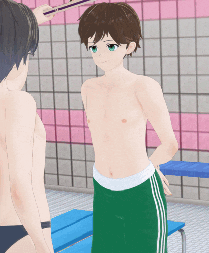 a shirtless anime character in green shorts stands in front of a pink tiled wall