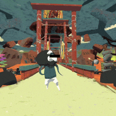 a cartoon character wearing glasses and a black hat stands in front of a temple