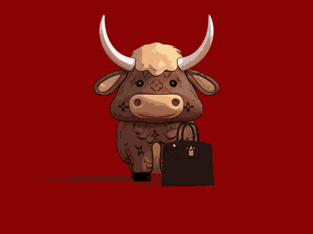 a louis vuitton bull holding a black purse on a red background