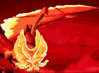 a red background with a yellow flame in the center