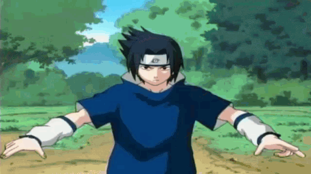 a cartoon character with a blue shirt and white gloves is standing in a field .