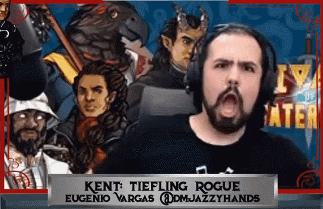 kent tiefling rogue is wearing headphones in front of a poster