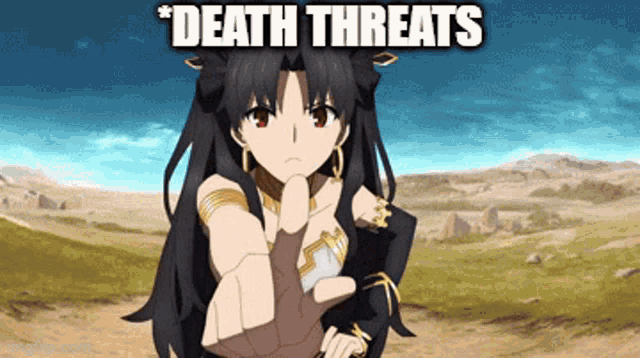 a picture of a girl with the words death threats written above her