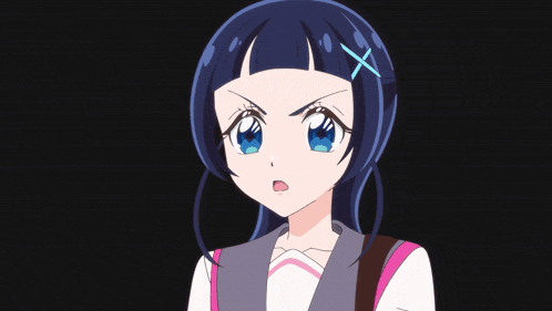 a girl with a blue cross in her hair looks angry
