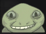 a cartoon turtle is smiling and looking at the camera with a black background .