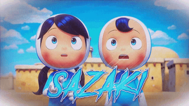 two cartoon characters are standing next to each other and the word sazaki is visible