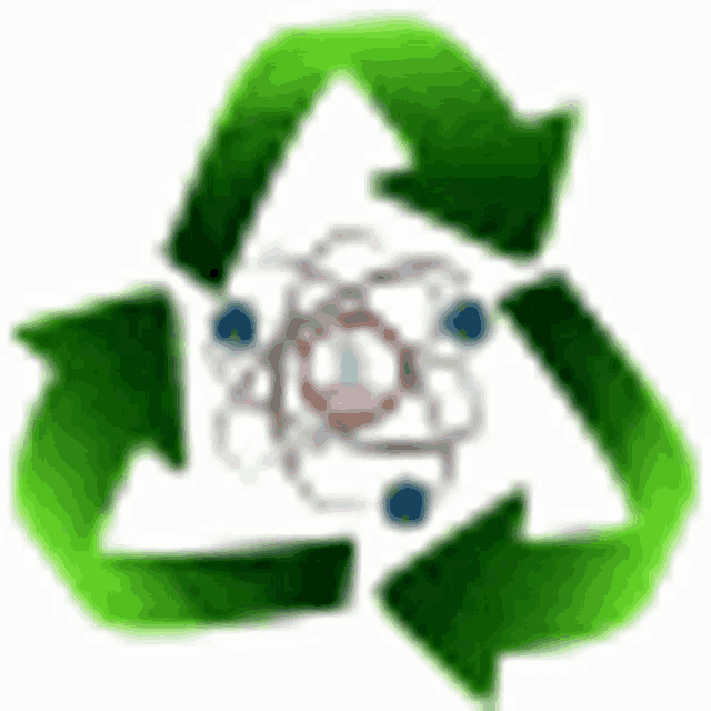 a green recycling symbol with three arrows and an atom in the middle .