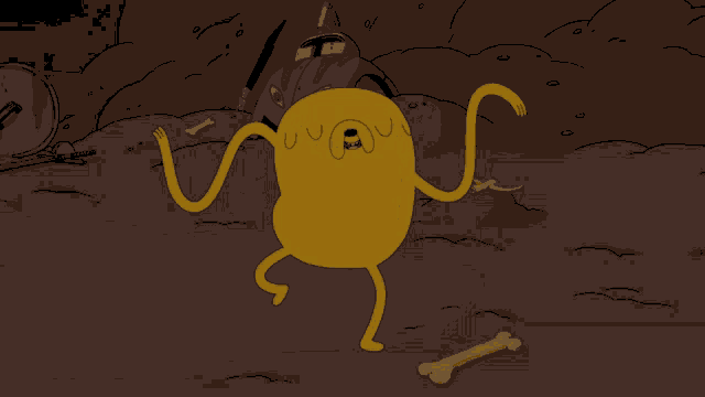 a cartoon character is dancing in front of a bone