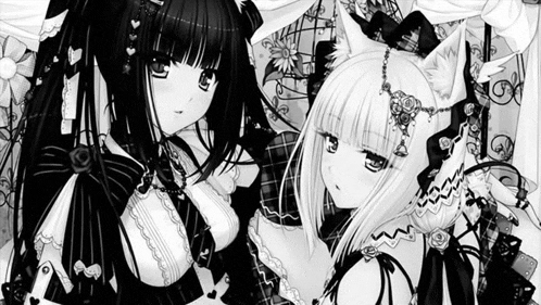 a black and white drawing of two anime girls with cat ears