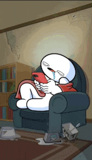 a cartoon character is crying while sitting in a chair holding a cell phone