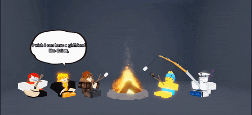 a group of cartoon characters sitting around a campfire with one saying i wish i can have a girlfriend