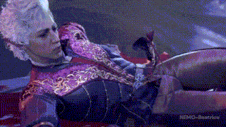 a man in a purple and gold outfit is laying on a bed