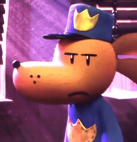 a close up of a cartoon character wearing a police hat and a blue shirt .