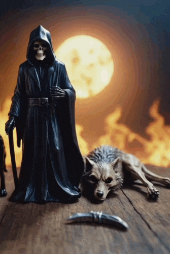 a grim reaper statue standing next to a wolf